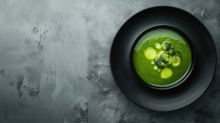 Poster - Broccoli soup served in a black plate with a smooth texture against a stylish gray background showcasing culinary elegance