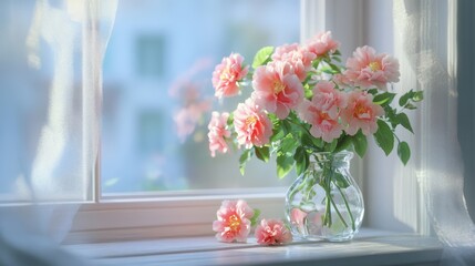 Aufkleber - Delicate pink peonies in a glass vase on a sunlit windowsill enhancing rustic home decor with natural beauty and soft elegance