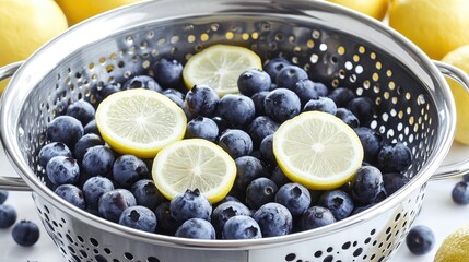 Poster - Fresh blueberries and lemon slices in a colander on a white background showcasing vibrant colors and healthy ingredients