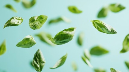 Poster - Fresh basil leaves floating against a soft blue background creating a vibrant and aromatic culinary atmosphere for food-related designs.