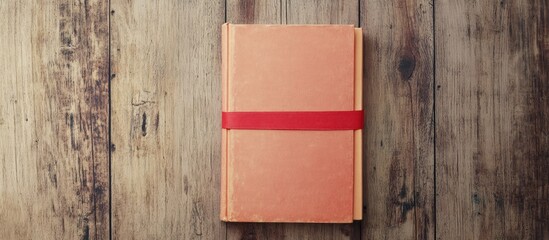 Poster - Peach colored gift box with red ribbon on wooden table background offering blank space for text and creative image placement