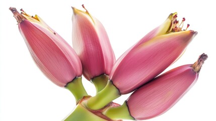 Poster - Fresh banana blossoms beautifully showcasing their vibrant pink hue against a clean white background ideal for food and nature themes