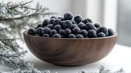 Aufkleber - Frosted blueberries in a rustic wooden bowl surrounded by winter foliage on a bright white surface