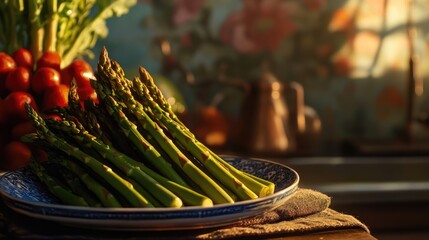 Poster - Vibrant freshly harvested asparagus on a rustic table setting with colorful background and kitchen items in soft lighting