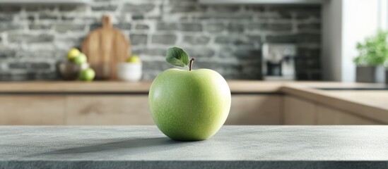 Poster - Fresh green apple on a textured grey table in a bright kitchen perfect for food styling and culinary design concepts