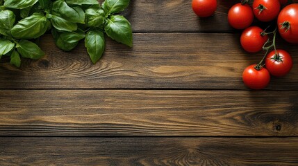 Poster - Basil leaves and ripe tomatoes arranged on rustic wooden surface for culinary inspiration and fresh ingredients concept