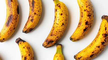 Aufkleber - Ripe bananas with brown spots arranged on a white background showcasing their vibrant yellow color and natural imperfections