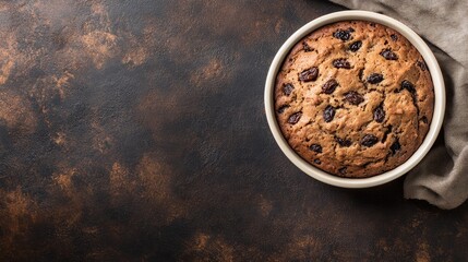 Poster - Homemade raisin bran muffins in a baking dish on textured background showcasing delicious baked goods with copy space for advertising.