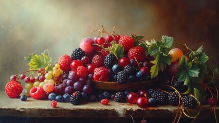 Aufkleber - Vibrantly arranged assortment of fresh berries on a rustic table showcasing nature's bounty and colorful, juicy fruits.