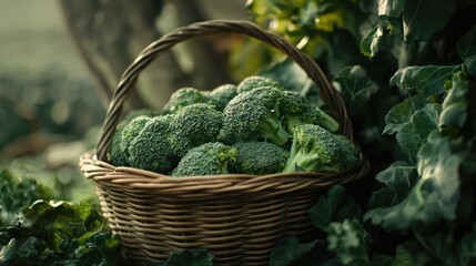 Aufkleber - Freshly harvested organic broccoli in a rustic basket surrounded by greenery showcasing healthy eating and sustainable agriculture.