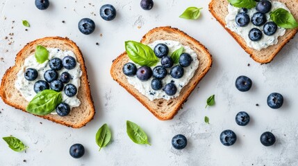 Poster - Delicious blueberry cream cheese sandwiches with fresh basil on rustic bread perfect for a healthy breakfast flat lay on light background