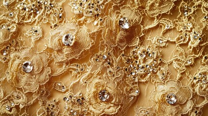 Poster - Luxurious gold lace adorned with shimmering rhinestones perfect for elegant backgrounds in fashion and jewelry concepts