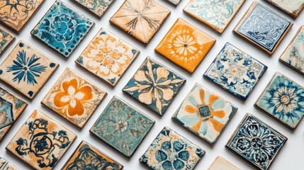 Poster - Colorful handmade glazed ceramic tiles arranged in intricate patterns isolated on a white background showcasing craftsmanship and artistry