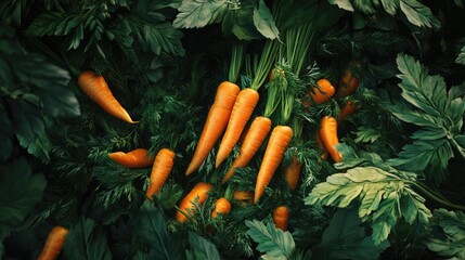 Aufkleber - Vibrant freshly harvested carrots nestled among lush green leaves in summer abundance