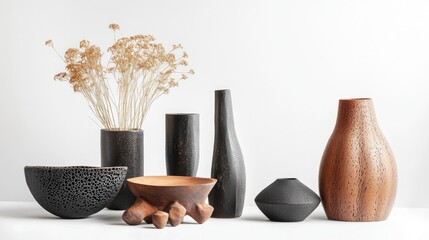 Poster - Contemporary handcrafted vases and bowls showcasing unique textures and natural materials on a minimalistic background