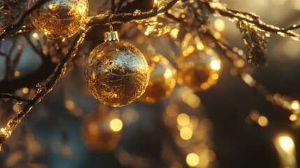Poster - Golden Christmas baubles shimmering on tree branches with soft bokeh background creating a festive holiday atmosphere