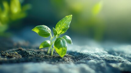 Poster - Vibrant green basil sprouts emerging from rich soil showcasing freshness and growth in natural light