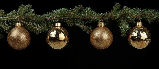 Poster - Golden Christmas baubles elegantly arranged on a pine branch against a black backdrop creating a festive and luxurious holiday atmosphere