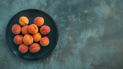 Aufkleber - Ripe fresh apricots arranged on a black plate from above with a textured backdrop and ample copy space for promotional use