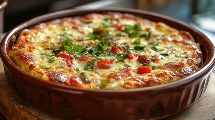 Poster - Deliciously baked cheese pizza topped with fresh tomatoes and herbs served in a rustic dish on a wooden surface