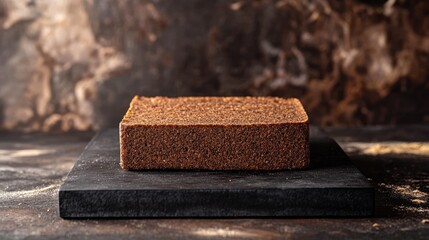 Poster - Freshly Baked Dark Rye Bread on Black Stone Surface Against Rustic Background