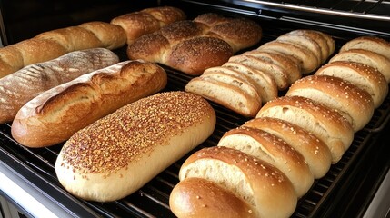 Poster - Variety of freshly baked artisan breads cooling in a traditional oven showcasing different textures and crust styles.