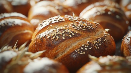 Poster - Freshly baked artisan buns topped with sesame seeds arranged in a warm, inviting display for bakery or culinary promotions