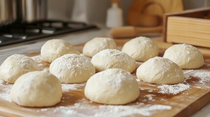 Fototapete - Homemade dough balls ready for baking on a wooden surface with flour sprinkled around in a cozy kitchen setting.