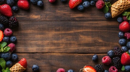 Poster - Vibrant assortment of fresh berries in waffle cones framed by a rustic wooden background for a delightful summer dessert concept