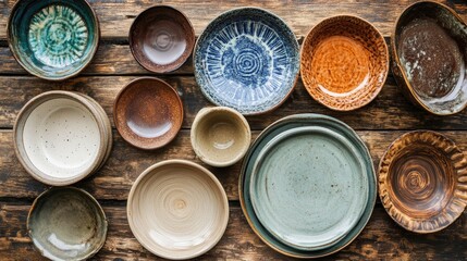 Poster - Handcrafted ceramic dishes arranged on a rustic vintage wooden table showcasing diverse colors and textures