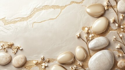Poster - Elegant gold and beige stone background with decorative pebbles and floral elements for a luxurious design aesthetic