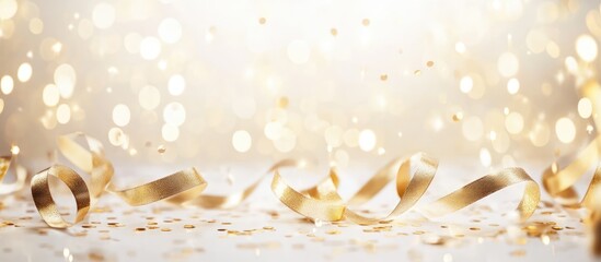 Poster - Golden ribbons and shimmering beads scattered with confetti on a soft luminous backdrop for festive celebrations and events
