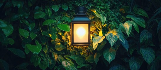 Poster - Tranquil lantern amidst lush greenery radiating warmth creating a serene ambiance with ample copy space for creative use