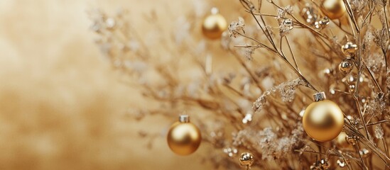 Poster - Elegant golden Christmas border with shimmering baubles and delicate branches for festive designs and holiday celebrations.