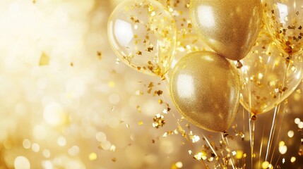 Poster - Golden air balloons filled with confetti against a shimmering backdrop for festive celebrations and design elements.