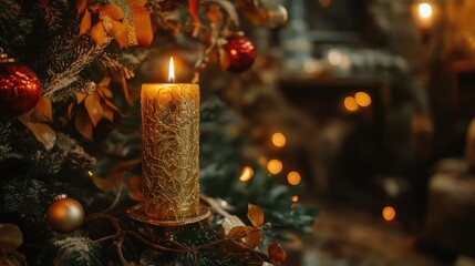 Poster - Golden candle illuminating a beautifully decorated Christmas tree in a cozy holiday setting with warm bokeh lights.