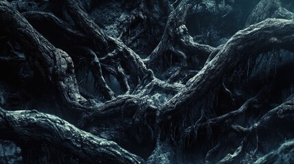 Poster - Dark grungy textured background of twisted tree roots and bark with intricate gnarls creating a mysterious natural ambiance
