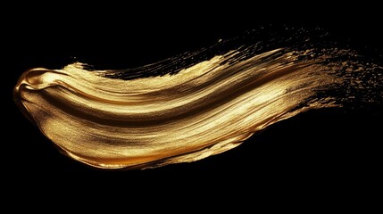 Poster - Golden metallic paint brush stroke isolated on black background for artistic design and creative projects