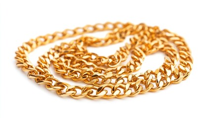 Poster - Gold chain necklace elegantly arranged on a pure white background showcasing its luxurious texture and shine for jewelry design and fashion concepts.