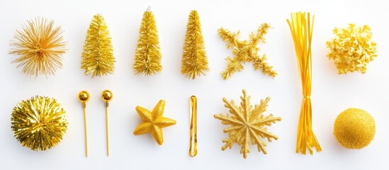 Poster - Golden yellow decorative tinsel and ornaments arranged artistically on a bright white background for festive seasonal displays