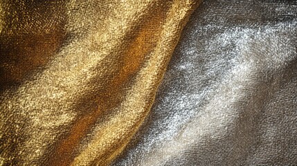 Poster - Gold and silver metallic fabrics on burlap background top view flat lay for elegant design and textile inspiration