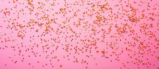 Poster - Golden sparkles scattered on a soft pink pastel background creating a vibrant festive atmosphere ideal for celebrations and creative projects