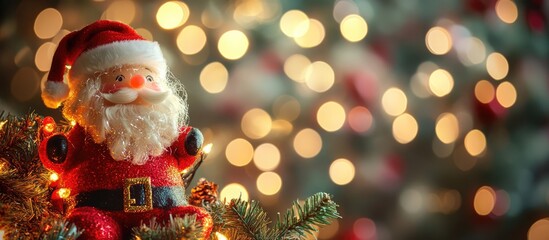 Poster - festive Santa decoration surrounded by vibrant bokeh Christmas lights on a dark background creating a warm holiday atmosphere
