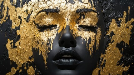 Poster - Abstract portrait with gold and black paint showcasing beauty and elegance in artistic expression and modern art aesthetics.