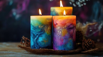Poster - Colorful handmade candles with vibrant swirls and glowing flames set against a dark artistic background for a cozy ambiance.