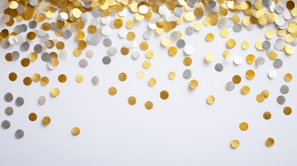 Poster - Gold and silver glitter polka dots scattered on a clean white background creating a festive and celebratory atmosphere for designs
