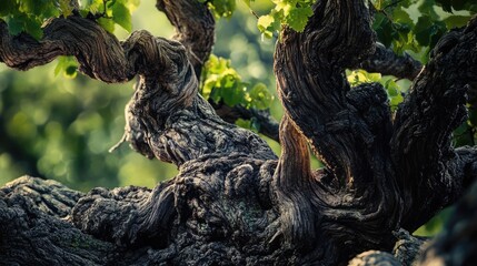 Poster - Ancient gnarled tree trunk with twisting branches and vibrant green leaves in natural sunlight