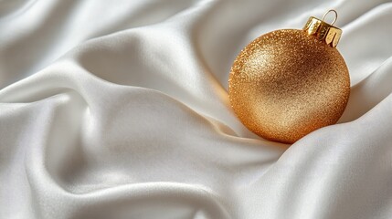 Poster - gold christmas ornament resting on elegant white silk fabric creating a festive and luxurious holiday atmosphere