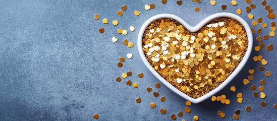 Poster - Golden sequins in a heart shaped bowl on a flat lay background for celebrations and festive decorations