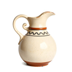 A decorative earthenware jug with a curved spout and a looped handle, isolated on white